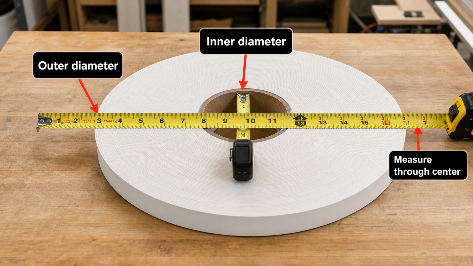 Edgebanding roll measured with tape across outer and inner diameters